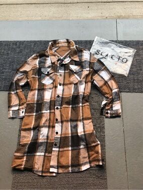 Plaid Button-Down Shacket in Brown and White